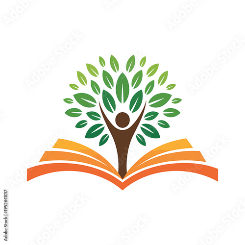 Abstract icon of human tree with green leaves, growth concept on open book. success in life and education concept