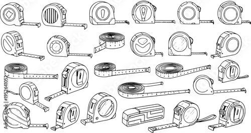 Hand-drawn collection of various measuring tapes and rulers, a sketch set of construction and carpentry tools for design and DIY projects