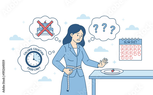 Frustrated woman struggling with food limit and calorie counting. Female character measuring body and refusing sweets. Slim diet planning, weight control and healthy eating challenge. Vector art.