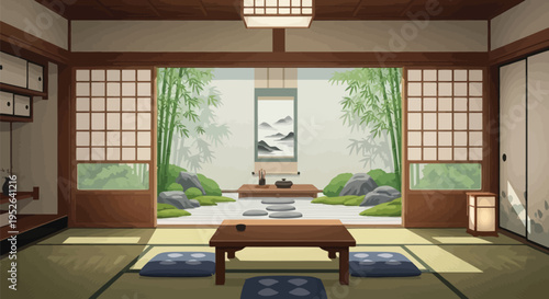 Traditional Japanese Room Interior Vector Illustration with Tatami Floor, Shoji Screens, Zen Garden, Bamboo and Hanging Scroll