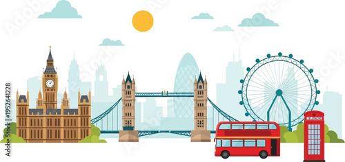 London City Skyline Flat Vector Illustration with Big Ben, Tower Bridge, London Eye, Red Double Decker Bus and Telephone Box