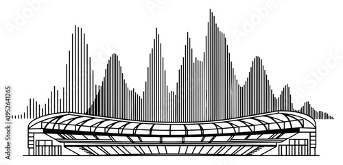 Modern sports stadium building facade with abstract background bars in minimalist line art style
