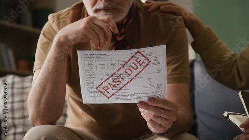 Midsection shot of stressed senior man examining past due paper bill and listening to anonymous supportive wife keeping hand on his shoulder and pointing at paper