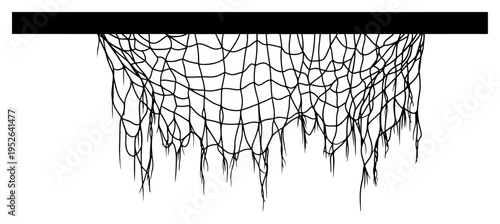 Hanging tattered net with torn edges in detailed line art style