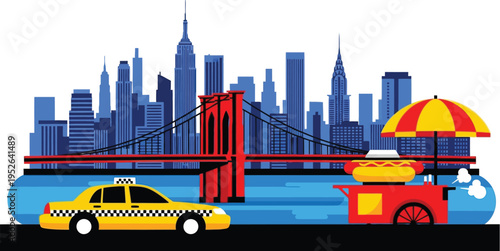 New York City Skyline Flat Vector Illustration with Brooklyn Bridge, Yellow Taxi, Hot Dog Cart, Empire State and Chrysler Building
