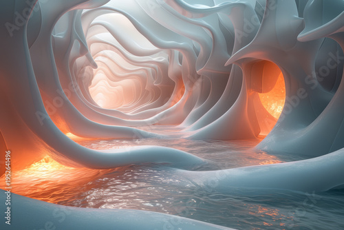 Create an abstract representation of calming rhythms, using fluid shapes and soothing colors that flow seamlessly into one another.