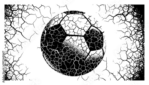 Soccer ball embedded in cracked ground texture in urban grunge style