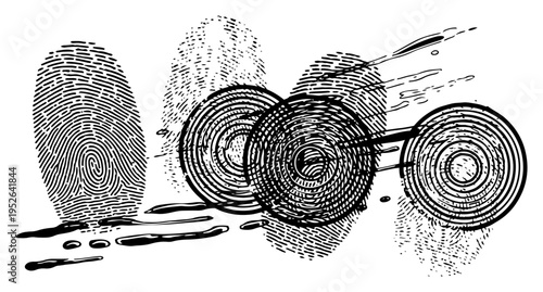 Fingerprints and circular wood grain textures with ink splatters in abstract graphic style