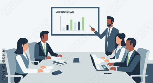 Flat Minimal Style Vector Illustration of Executive Meeting Planning Session