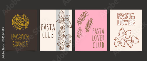 Pasta lovers club poster set, cartoon vector background. Delicious pasta illustration with Italian spaghetti and quirky doodle icons for restaurant menu, or kitchen decor with vintage charm.
