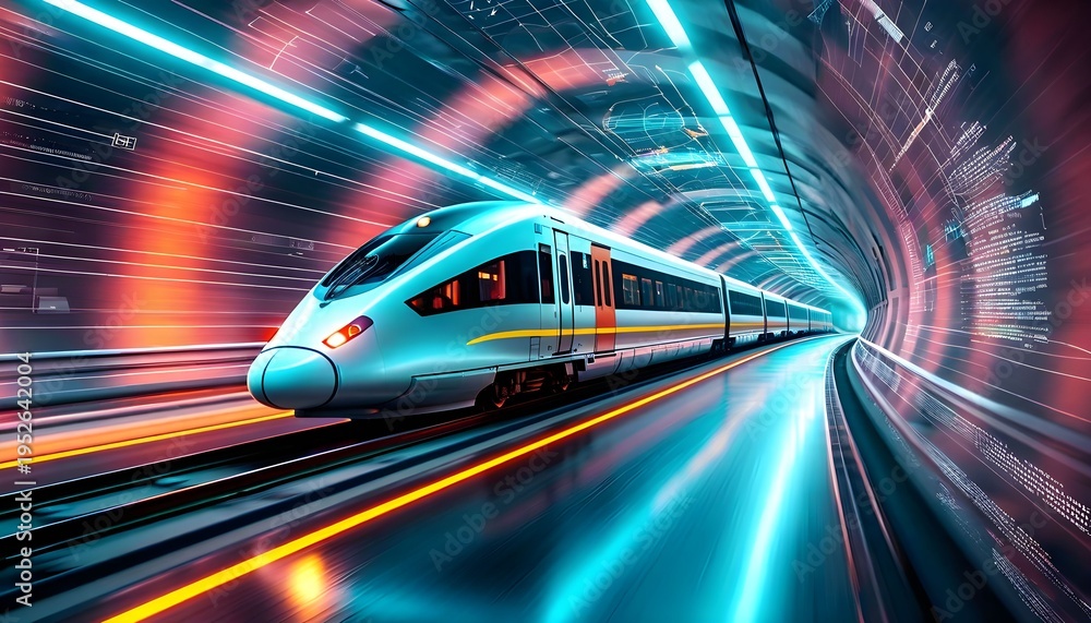 Fototapeta premium A sleek train speeds through a futuristic tunnel with vibrant neon lights.