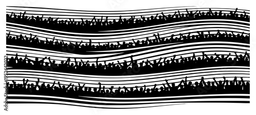 Cheering crowd silhouettes in horizontal wavy bands for stadium sports events