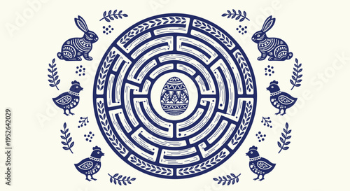 Whimsical easter maze with a decorative egg at the center surrounded by charming blue and white stylized rabbits and chicks adorned with leafy branches evoking a festive