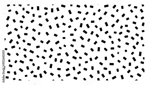 Rectangular confetti pattern with scattered black shapes in minimalist graphic style