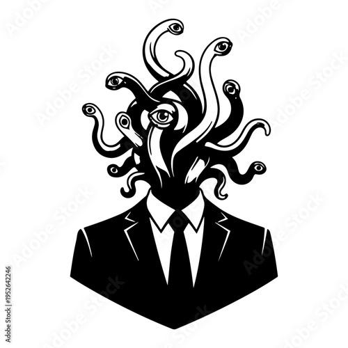 Surreal businessman with many tentacles and eyes instead of head in minimalist black and white style