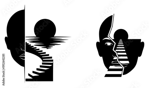 Surreal human faces with internal staircases leading toward the sun in conceptual minimalist style