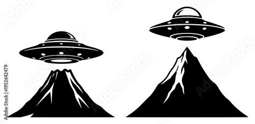 UFO flying saucers hovering above mountain peaks in minimalist silhouette style