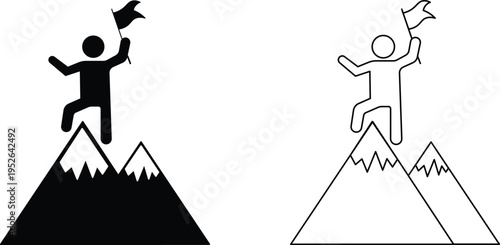 A stick figure person standing triumphantly on a mountain peak holding a flag, symbolizing success and achievement.