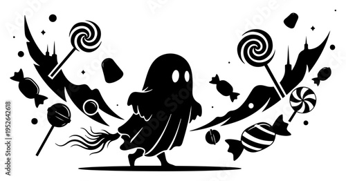 Cute ghost character surrounded by candies and lollipops for Halloween in minimalist graphic style