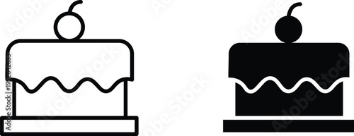 Outline and solid icon of a delicious birthday cake with a cherry on top, representing celebration and dessert.