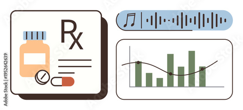 Data analysis, audio , pharmaceutical research, medication tracking, prescriptions, and health data. A pill bottle, chart with bars and lines and sound waves. Pharmaceutical research and data