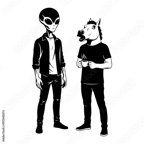 Alien standing next to man in horse mask holding coffee in surreal humor style