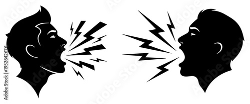 Profile of men shouting with lightning bolts from mouths in aggressive graphic style