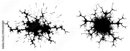 Fractal ink splatters with jagged spreading edges in black and white grunge style