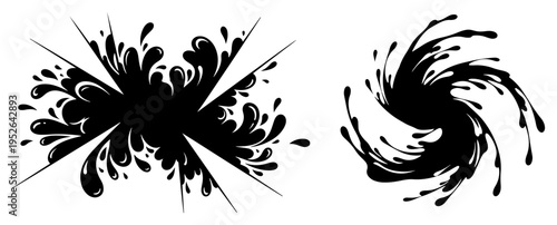 Liquid splashes and swirling vortex shapes in abstract ink style
