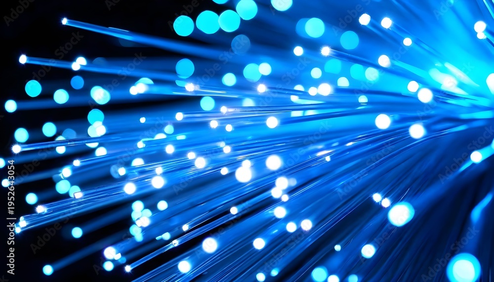 Obraz premium Glowing blue fiber optic cables emit light in a dark environment with technology and science concepts.