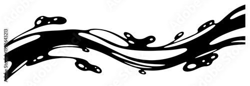 Flowing liquid splash with droplets forming horizontal wave in bold graphic style