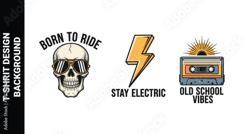 Born to ride skull with sunglasses lightning bolt and old school vibes tape