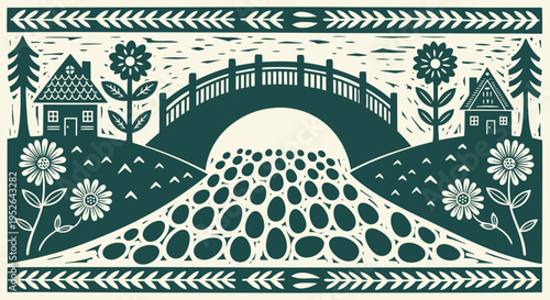 Whimsical village landscape with a charming arched bridge over a textured path flanked by folk art houses stylized trees and vibrant daisies under a bright sky evoking a serene