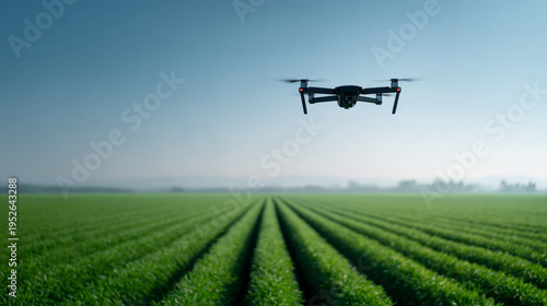Drone flying over green agricultural field
