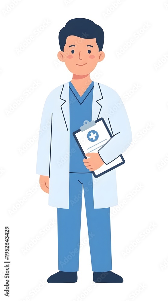 Fototapeta premium A doctor in a lab coat and scrubs holds a medical clipboard