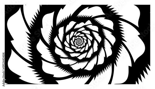Geometric spiral vortex pattern resembling a stylized flower in high contrast style