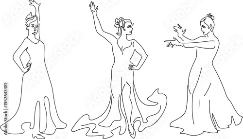 Set of three flamenco dancers, female figures in traditional dresses, line art illustration
