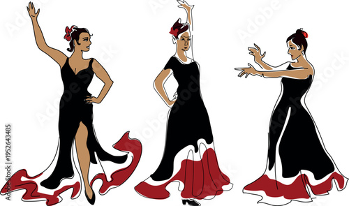 Set of three flamenco dancers silhouette, women in traditional black and red dresses, elegant Spanish dance illustration