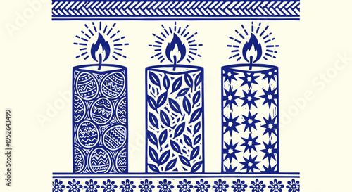 Three ornate blue and white illustrated candles with flickering flames and intricate decorative patterns standing on a patterned base evoking a festive and celebratory atmosphere