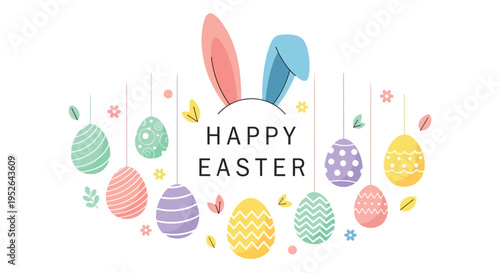 Delightful vector illustration showing pastel-colored Easter eggs suspended with cute bunny ears and a holiday text graphic.