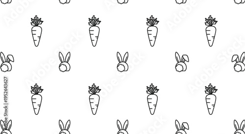 A cute black and white seamless vector pattern illustration featuring charming bunnies and fresh carrots for Easter and spring designs