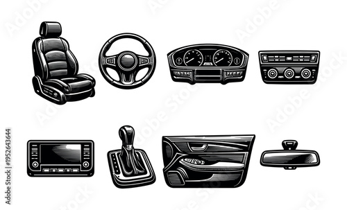 Vector car interior elements illustration, including steering wheel, dashboard, and gear shift