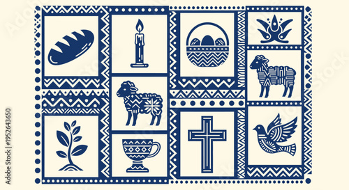 Religious easter symbols arranged in a decorative pattern with a cross lamb dove bread candle and basket of eggs evoking faith and celebration
