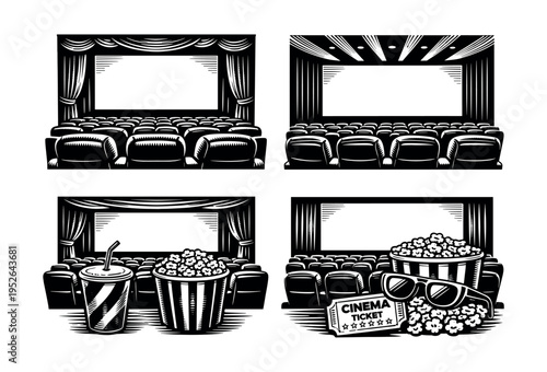 Vintage cinema and entertainment elements in black and white vector illustration set
