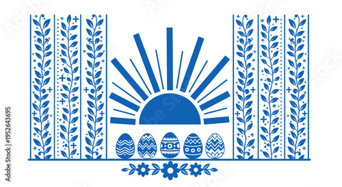 Vibrant blue and white easter egg design with rising sun and floral borders celebrating springtime renewal and festive holiday spirit with traditional patterns