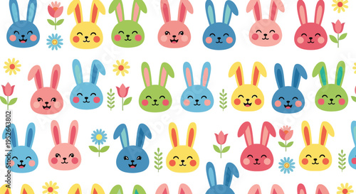 Brightly colored cartoon rabbit faces with spring flowers forming a festive Easter seamless vector graphic design