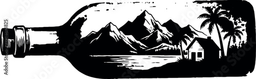 Whiskey bottle silhouette showcasing a serene tropical mountain landscape and cottage.