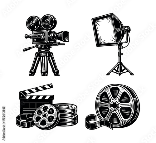 Vintage film equipment set with camera clapboard reel and studio light in black and white illustration