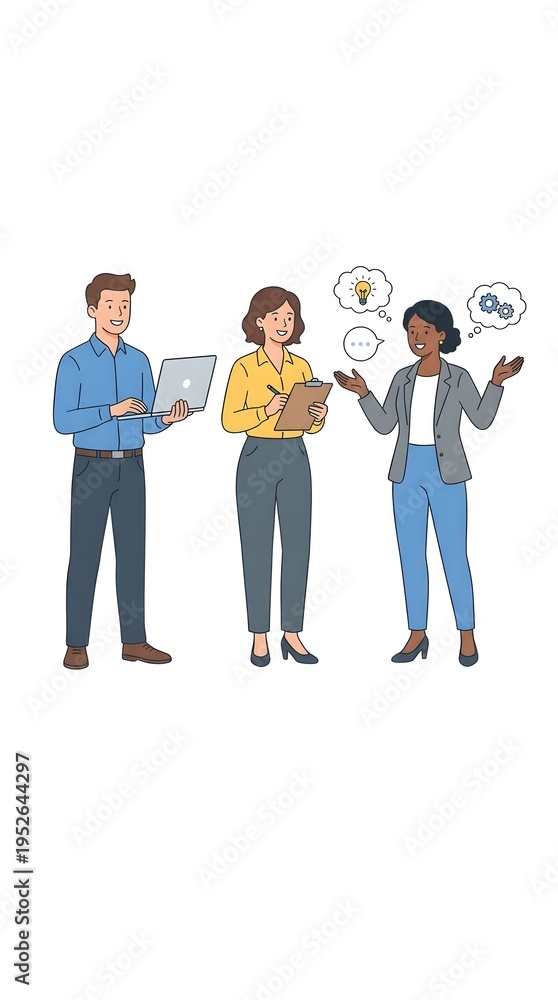 Obraz premium Three professionals collaborating on ideas one with a laptop another with a clipboard and the third with thought bubbles