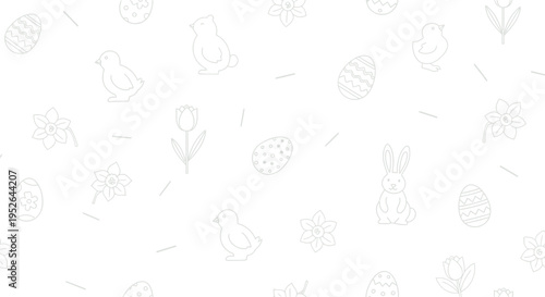 Whimsical easter seamless pattern featuring hand drawn line art icons of cute bunnies fluffy chicks blooming tulips and decorative eggs on a clean white background perfect